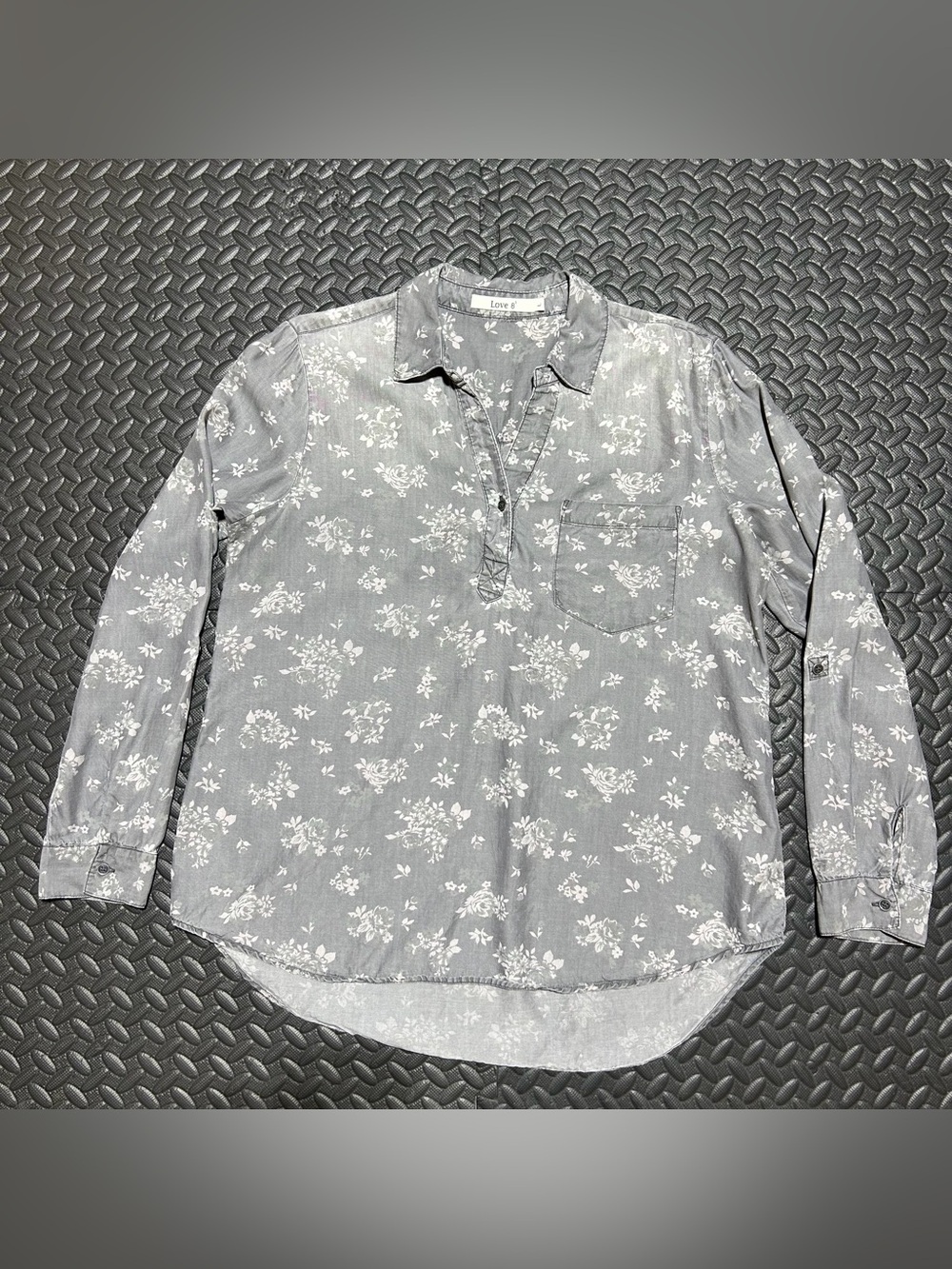 Love 83 Tunic Shirt Floral Top Roll Tab Sleeve Collared Lyocell Womens Large